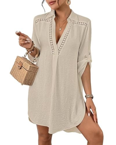 Bsubseach Women’s Swimsuit Coverup V Neck Bathing Suit Cove Up for Swimwear Long Sleeve Beach Dress Shirt Apricot S - Image 1