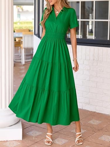 BTFBM Wedding Guest Dresses for Women Beach Fashion Casual Short Sleeve V Neck Solid Spring Summer Boho Maxi Dress (Green,XX-Large) - Thumbnail 4