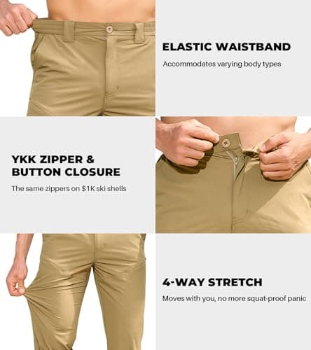 MOURCE Mens Hiking Pants Lightweight Quick Dry - Waterproof Elastic Waist Travel Pants for Men Outdoor Work Travel, Khaki - Thumbnail 6