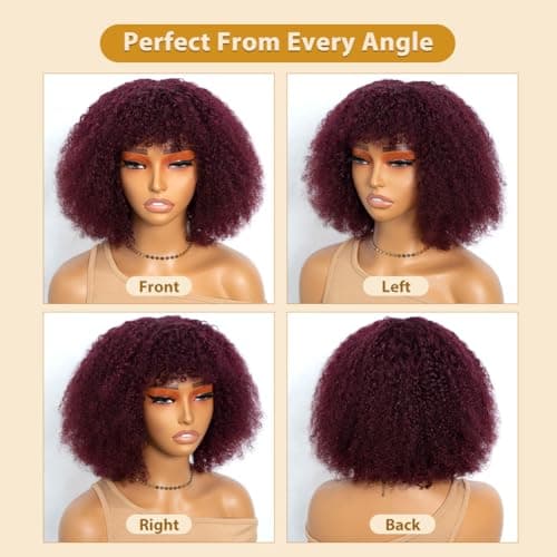 JOEDIR HAIR Human Hair Wig Afro Kinky Curly Fluffy Wig for Black Women Wear and Go Wig with Bangs Glueless Wigs 250% Density (99J, 10 inch) - Thumbnail 6