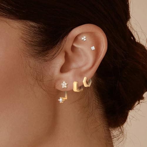 HILXURY 12 Pairs 14K Gold Plated Flat Back Hypoallergenic Earrings for Women Men Surgical Stainless Steel Earrings for Sensitive Ears Small Gold Stud Hoop Cartilage Earring Stack Set for Multiple Piercing Jewelry (Gold 01) - Thumbnail 2