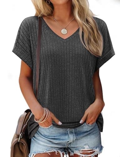 JUSTFASHIONNOW Womens Summer Tops 2026 Trendy Short Sleeve V Neck T Shirts Split Side Ladies Cute Tops Flowy Blouses Vacation Outfits Black S - Image 1
