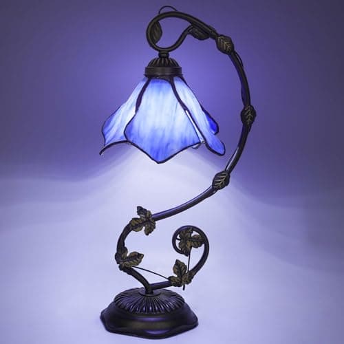 FILIUTF Stained Glass Table Lamp, Blue Flower Style Metal Leaf Base Desk Reading Light, Adjustable 3 Color Temperature Decor for Bedroom Home Office - Image 1