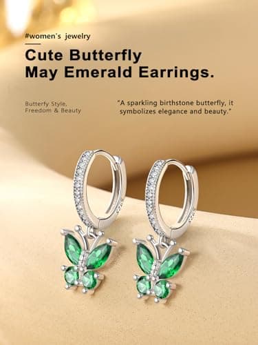 Bestyle Flying Butterfly Earrings for Women - Sterling Silver Green Emerald Earrinmg Emerald Birthtone Animal Butterflies Dangle Earring Crystal Birthday Mothers' Day Jewelry Gifts - Thumbnail 6