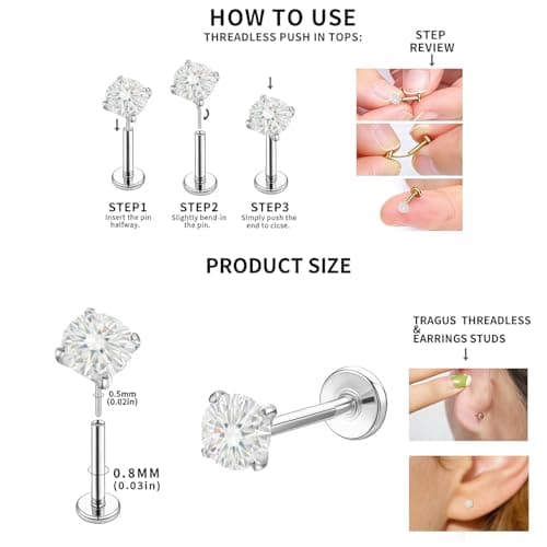 hooppoo 6Pcs Threadless Titanium Nose & Lip Studs | 20G Flat Back Push-in Labret Jewelry with 2/2.5/3mm Moissanite for Nostril, Tragus, Helix Piercing (Silver) - Thumbnail 6