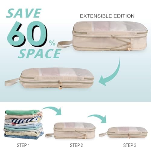 See Through Expandable Compression Packing Cubes, Mesh Travel Packing Cubes for Suitcases, Lightweight Organizers Bag Set for Travel Essentials for Luggage(Beige,8 Set) - Thumbnail 5