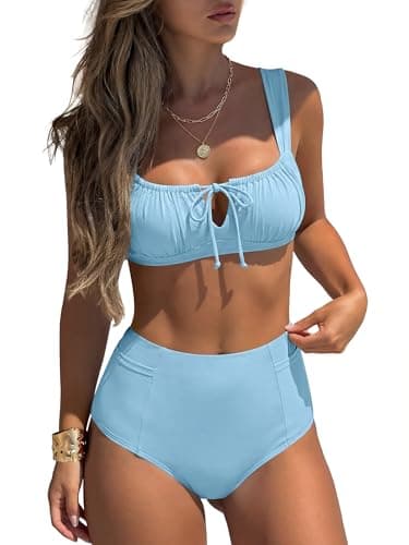 ANRABESS Bikini Sets for Women Two Piece Swimsuit Cutout String Ruched High Waisted Bathing Suits Summer 2026 Beach Swimwear Light Blue X-Large - Image 1