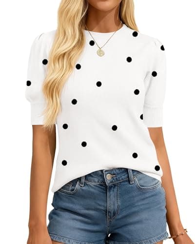 BTFBM Womens Tops Polka Dot Puff Short Sleeve Sweater for Women Crewneck Knit Summer Tops Business Dressy Casual Blouses(White, XX-Large) - Image 1