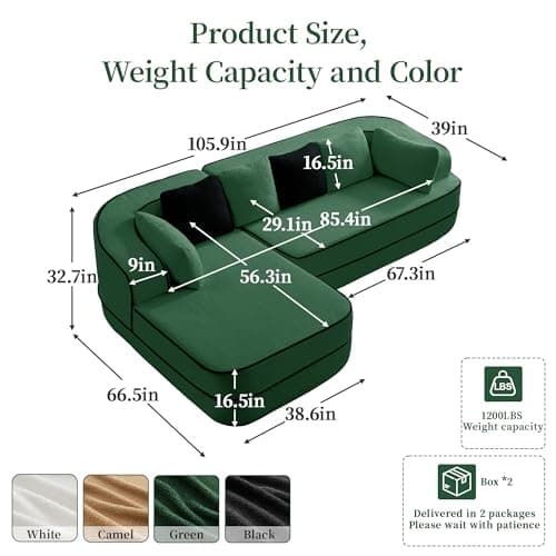 105.9" Contrast Color Boneless Sectional Couch, Teddy Fabric Foam Cloud Sofa, L Shaped Extra Deep Seat Wide Arm Modular Sectional Sofa with Chaise, No Assembly Required - Thumbnail 2