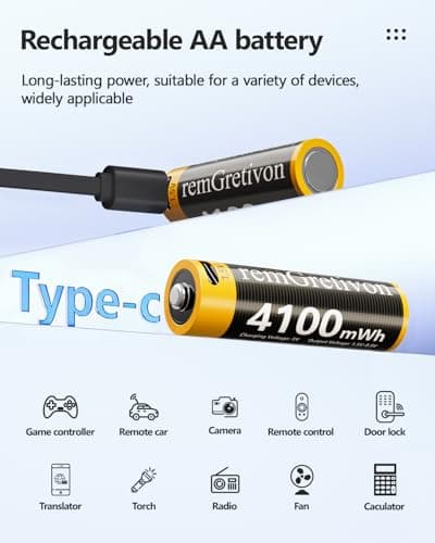 remGretivon USB C Rechargeable AA Batteries 12 Pack, 4100mWh 1.5V Constant Output Lithium Ion Battery, 2.5H Fast Charging Double A Rechargeable Batteries with 4-in-1 Cable, 1500 Cycles - Thumbnail 3