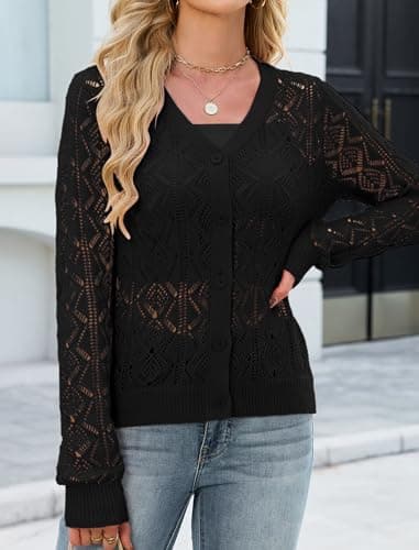 ZAFUL Womens Crochet Cardigan Cotton Long Sleeve Sweaters Trendy Lightweight Button Down Knit Shrugs Tops Black XL - Thumbnail 4