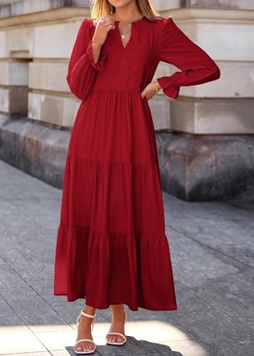 Lazysmile Long Sleeve Dress for Women Wine Red - Thumbnail 5