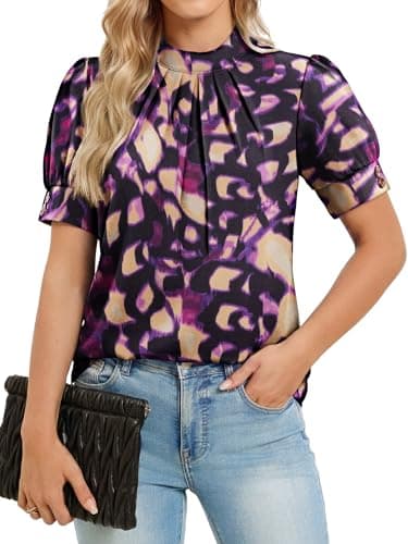 Funlingo Womens Business Casual Tops Puff Short Sleeve Floral Blouses Dressy Casual Mock Neck Pleated Shirts Spring Office Outfits Purple Beige Floral M - Image 1