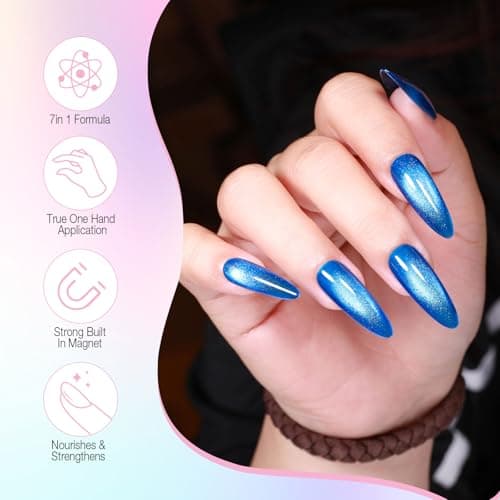 GELLAKTIK 7-in-1 Cat Eye Gel Nail Polish Pen, One Step Magnetic Gel Polish with Detachable Magnet, No Base/Top Coat Needed, Blue Gel Nail Polish Glassy Soak Off UV LED Nail Art DIY Home Salon - Thumbnail 2