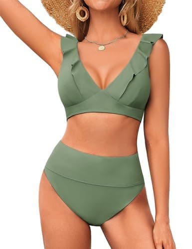 Hanna Nikole Tummy Control Swimsuit V Neck High Waisted Bikini Sets Ruffled Full Coverage Cute Bathing Suit for Curvy Plus Size Women Army Green - Image 1