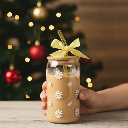 KMCCUMBER Cute Glass Cups with Lids and Straws, Teen Girl Birthday Gifts Daisy Iced Coffee Cup, Yellow Aesthetic Mug Tumbler for Birthday Mothers Day Christmas Valentines Coffee Lover 16oz - Thumbnail 3