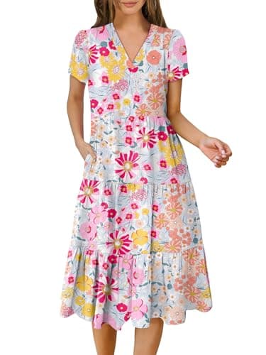 ANRABESS Women's Summer Casual Midi Dresses Short Sleeve V Neck Flowy Tiered 2026 Spring A-Line T Shirts Boho Beach Dress Multicolour Floral X-Large