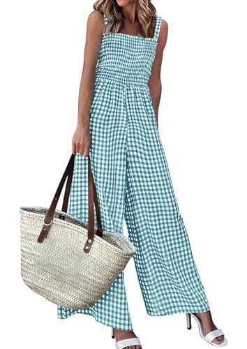 PRETTYGARDEN One Piece Jumpsuits for Women Casual Summer Cruise Outfits 2026 Spring Fashion Smocked Wide Leg Gingham Rompers (Dusty Blue,Small) - Image 1