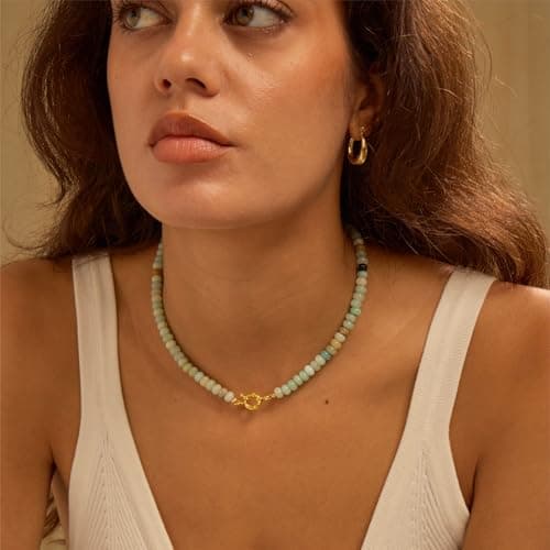 chorfla Beaded Gemstone Necklaces for Women, Bohemian Colored Choker Natural Stone Bead Decoration Summer Beach Handmade Jewelry Necklace (C-Amazonite) - Thumbnail 4