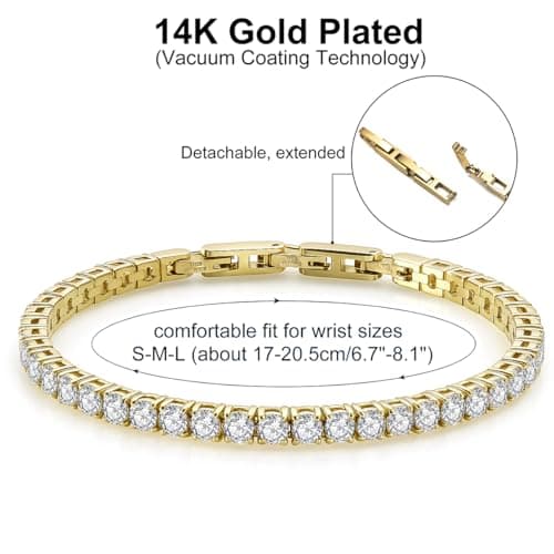 Tennis Bracelet for Women Men, 14K Gold Plated Round 4mm AAAA+ Cubic Zirconia CZ Dainty Classic Adjustable Stainless Steel Bracelets Festival Wedding Jewelry Gift (Gold, CZ 4mm) - Thumbnail 5