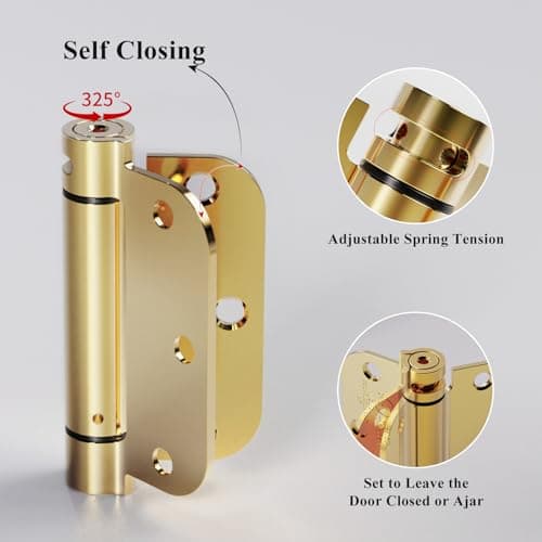Sophia Self-Closing Door Hinge 3.5 Inch Rounded 5/8 Radius Interior, Spring Loaded Hinge Adjustable Tension for Garage Residential Standard Bedroom Indoor Doors, 2 Pack, Polished Brass, UL Listed - Thumbnail 4