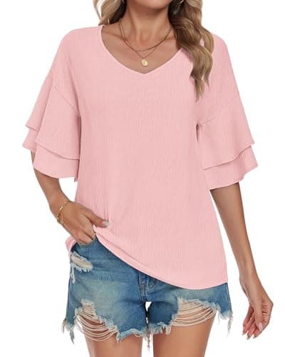 AUSELILY Pink Summer Blouses for Women 2026 Ruffled Shirt Sleeve Top V Neck Shirts Casual Bell Sleeve Tunics Spring Fall Pink Summer Fashion Clothes Vacation Outfit Light Pink X-Large - Thumbnail 3