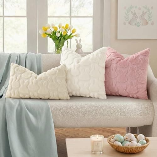 decorUhome Cream White Faux Fur Bunny Throw Pillow Covers 18x18 Set of 2 - Thumbnail 3