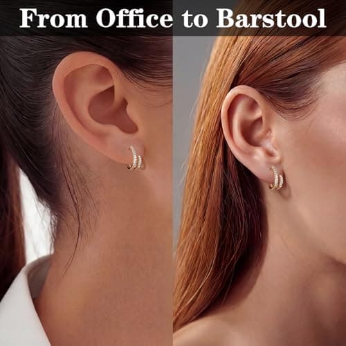 Huggie Earrings for Women, Small Double Hoop Earrings with Cubic Zirconia, Solid 925 Sterling Silver, Hypoallergenic, Jewelry Gift for Her - Thumbnail 5