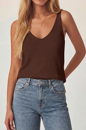 PRETTYGARDEN Women Summer Tank Tops 2026 Basic Sleeveless V Neck Lightweight Knit Beach Vacation Clothes Going Out Top(Brown,Small) - Thumbnail 2