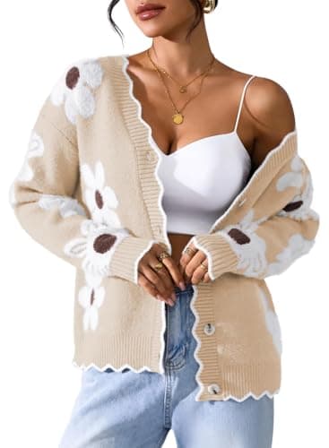 Pink Queen Women's Floral Print Cardigans Long Sleeve Open Front Button Down V Neck Knitted Sweaters Trendy Oversized Cardigan Outerwear Autumn Spring Beige S - Image 1