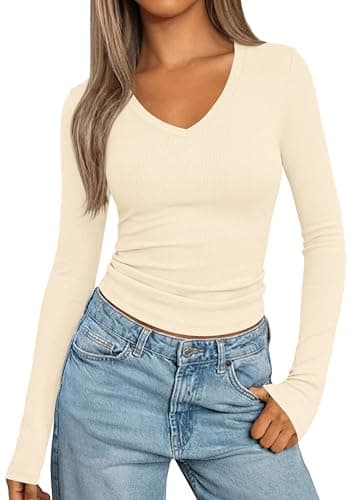 PRETTYGARDEN Long Sleeve Shirts for Women 2026 Fall V Neck Basic Tee Casual Fitted Ribbed Going Out Tops Kint Y2K Clothes (Beige,XX-Large) - Image 1
