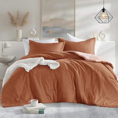 Regency Heights King Size Comforter Set, Lightweight Burnt Orange Soft Bedding for All Seasons, 3 Pieces Chambray Print Solid Farmhouse Bed Set, Comforter & Shams - Image 1