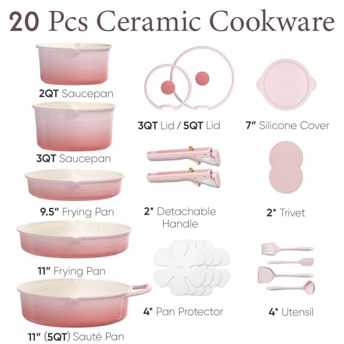 CAROTE 20Pcs Titanium Cookware Set, Pots and Pans Set Non Stick, Kitchen Cooking Set with Detachable Handle, Non Toxic Induction Cookware, Dishwasher/Oven Safe Pink - Thumbnail 6