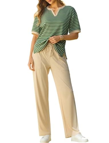 difficort Two Piece Sets for Women 2026 Cruise Outfits Casual Travel Striped Lounge Sets Beach Clothes Wide Leg Pants Women's Work Going Out Clothing Green Stripe M - Image 1