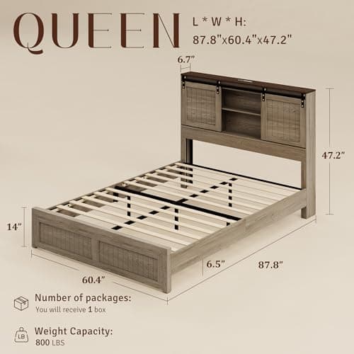 Uteeran Queen Size Bed Frame with Storage, Sliding Barn Door, Farmhouse Wood Platform Bed with Reading Light and Charging Station, Wood Slats Support, Easy Assembly, Noise-Free, Light Rustic Oak - Thumbnail 2