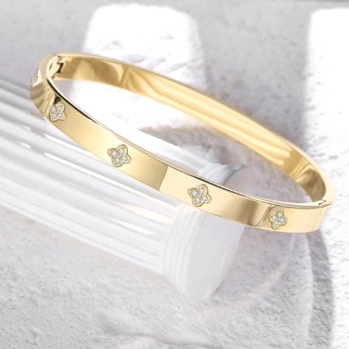 BOLAGTIER Gold Plated Bangle Bracelets for Women Four Leaf Clover Lucky Love Cubic Zirconia Bracelet (Clover Gold-Small) - Thumbnail 3