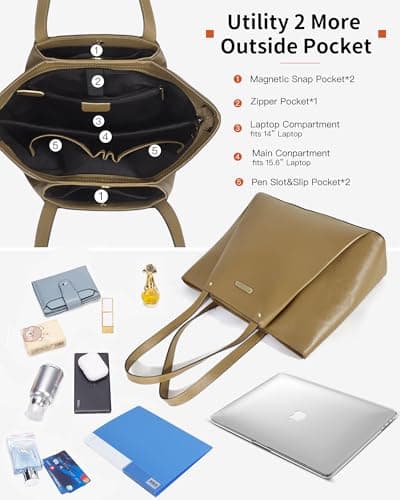Blofinche Women's Leather Tote Bag Professional Elegant, Large Capacity Laptop Bag 15.6 Inch, Structured Work Purse with Shoulder Strap for Travel Commuter, Nude - Thumbnail 5