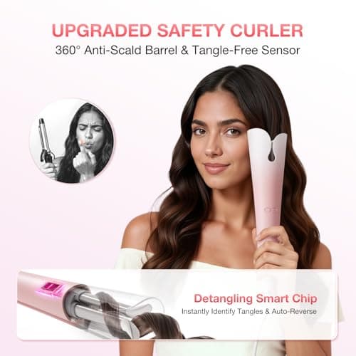 Automatic Curling Iron with 500 Million Ionic, BABONIR 1.25'' Ceramic Rotating Curling Wand with 3 Heat & 2-Way Rotation, Anti-Scald Lightweight Hair Curler, Dual Voltage for Travel, Pink - Thumbnail 3