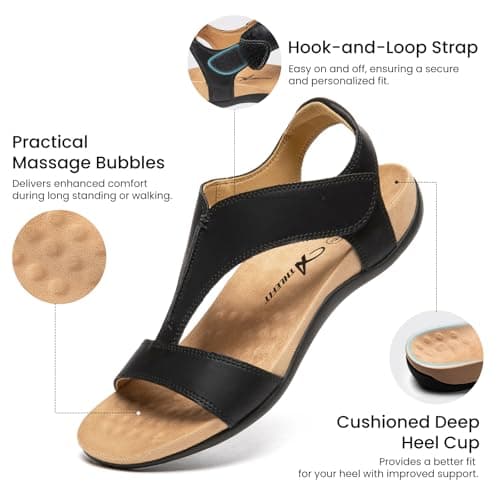 Athlefit Black Orthopedic Sandals for Women Comfortable Orthotic Arch Support Sandals for Summer Beach Size 9.5 - Thumbnail 4