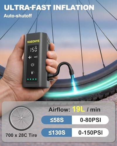 Mini Bike Pump with Bicycle Headlight, 150PSI Portable Electric Bike Air Pump with Presta and Schrader for Road/MTB/E-Bike, Digital Gauge & Auto-Stop - Thumbnail 2