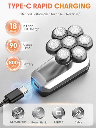Head Shavers for Bald Men, 7D Detachable Floating Blades Electric Razor, 5-in-1 Grooming Kit, Beard Trimmer, Nose Hair Trimmer, LED Display, Wet Dry Shaver, Gifts for Men, 800mAh Large Battery - Thumbnail 5
