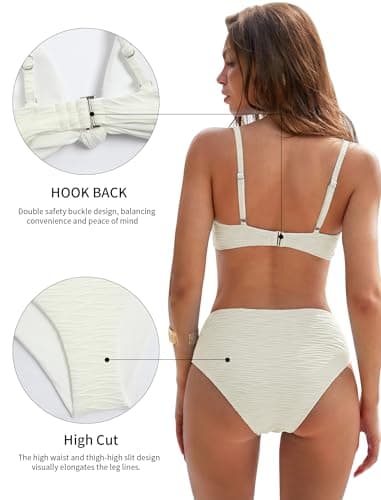 ZAFUL Two Piece White Bathing Suits for Women High Waisted V Neck Knot Front Swimsuits Cheeky High Cut Thong Bikini Set L - Thumbnail 5