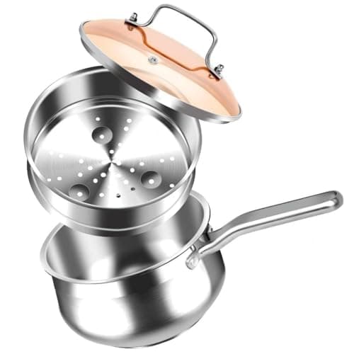 WANGYUANJI 2.5 Quart Stainless Steel Saucepan with Steamer Basket - 2-in-1 Multipurpose Steamer Pot for Cooking, Veggies & Pasta - Tri-Ply Bottom Induction Sauce Pan with Glass Lid, Silver
