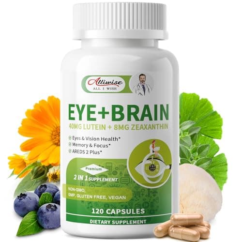 Eye + Brain Supplements for Memory and Focus, Lutein 40mg, Zeaxanthin, Astaxanthin, Bilberry, Lion’s Mane, Bacopa Monnieri, Ginkgo Biloba, 14 in 1 Eye Vitamins for Adults & Seniors 120 Capsules - Image 1