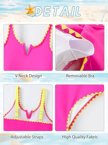 AMAWMW Girls Swimsuit One Piece Swimsuits Contrast Color V-Neck Bathing Suit Adjustable Straps Kids Swimwear Rosered 7-8Y - Thumbnail 5