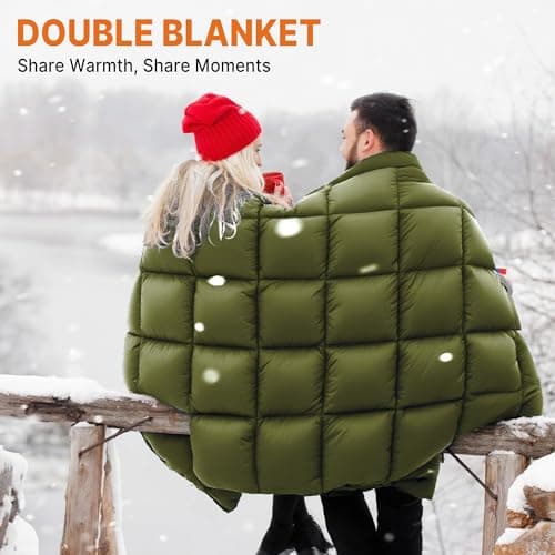Gaialoop Down Puffy Blanket for 2 Person Car Camping Outdoor Travel Backpacking, 80% Duck Down & 20% Feather Lightweight Portable Soft Warm Cozy Camping Blanket Quilt, Olive Green - Thumbnail 2