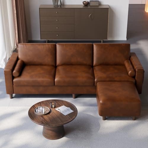 Vesgantti 100" L Shaped PU Faux Leather Sofa with Movable Ottoman, 3 Seater Leather Sectional Couch with Side Pocket, Comfy Modern Modular Couch for Living Room, Apartment, Cocoa - Image 1