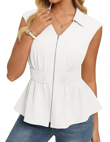 GRACE KARIN Womens Peplum Tops Business Casual,Short Sleeve Work Blouses Summer,Zipper V Neck Shirts Cinched Smocked Waist, White, Large - Image 1