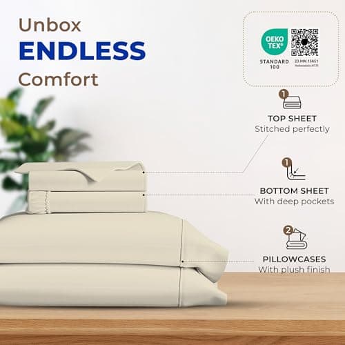 THREAD SPREAD 100% Egyptian Cotton Sheets Queen Size - 600 Series Bliss Collection Sheet Set Queen, Luxury Sheets Queen Size (4 PC, Ivory), Soft, Deep Pocket Sheet, Fits Mattress Upto 18" - Thumbnail 3