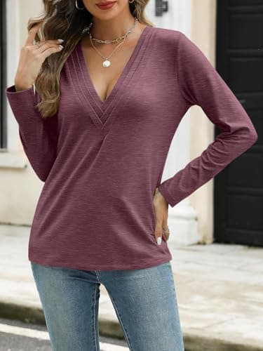 EasyGala Womens Deep V Neck Long Sleeve Shirts Pleated Dressy Casual Tops Sexy Loose Fit T Shirt Maroon Small - Thumbnail 5